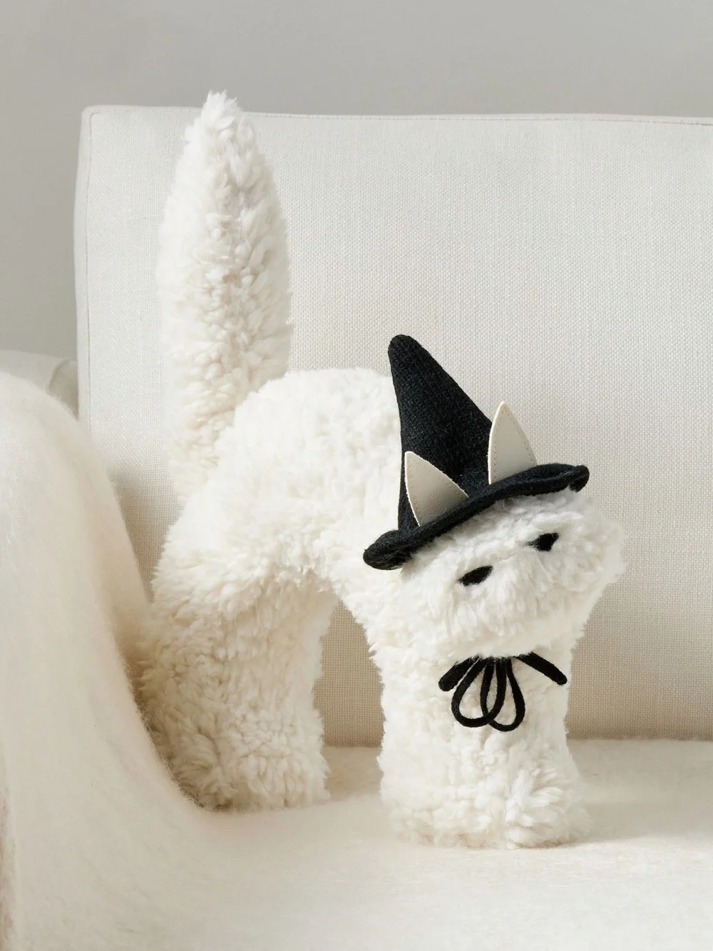 Pottery Barn Witch Hat Cat Shaped Pillow Halloween Decor White Kitty Black Hat